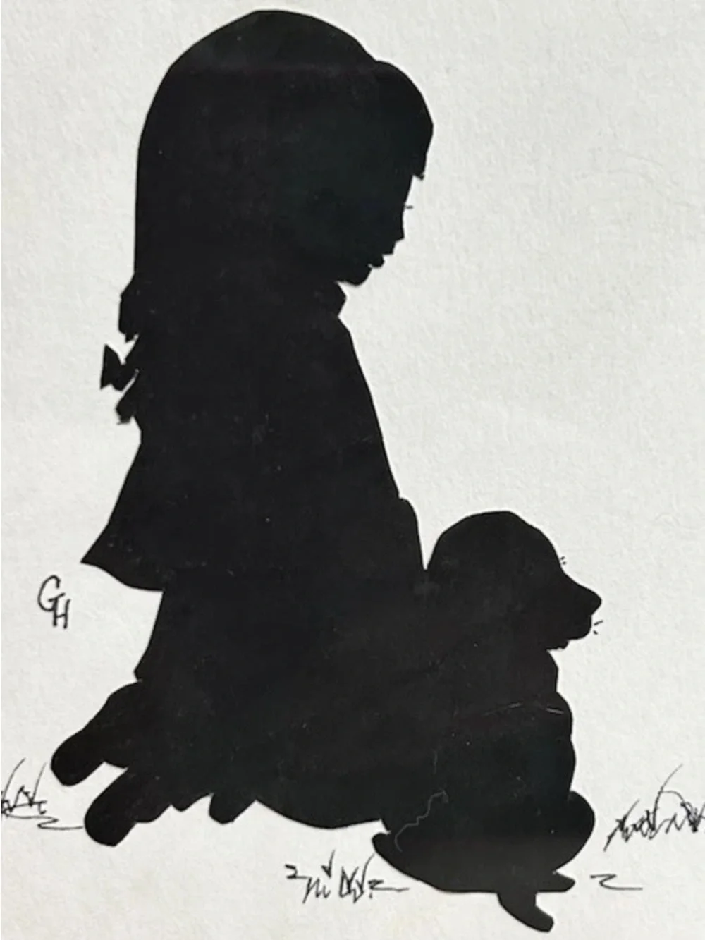 Silhouette Hand Cut Signed Girl Child With Dog Vintage Framed 5x7